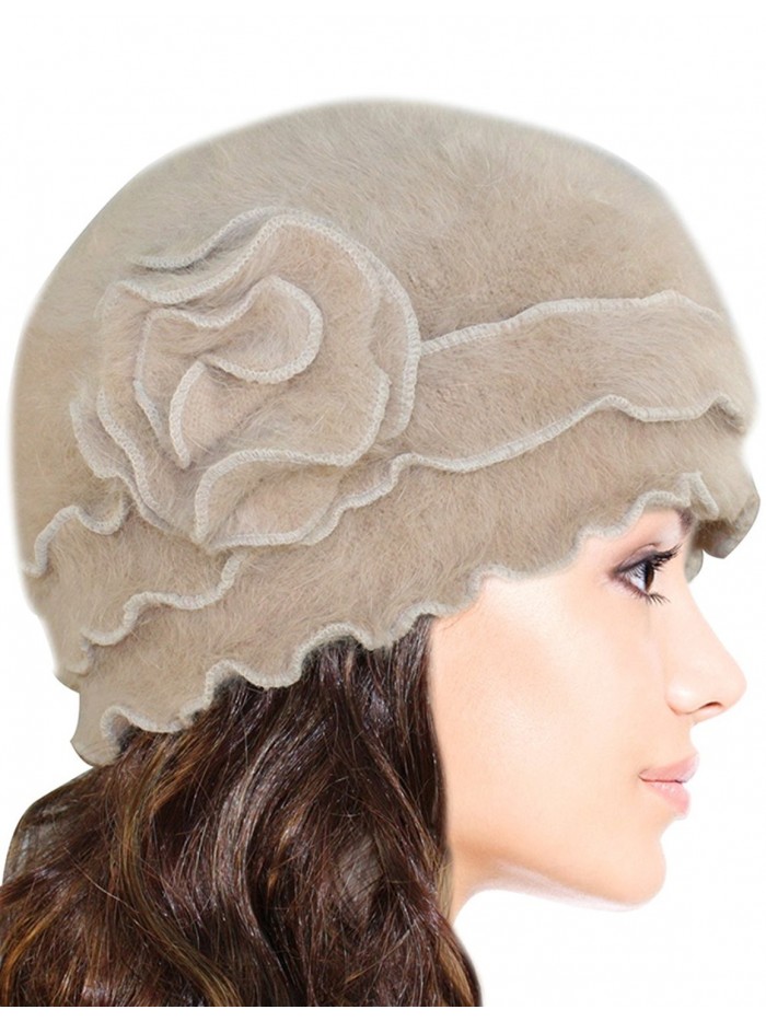 Dahlia Women's Super Soft Solid Color Knit Angora Beanie Hat - Flower - Camel - C0115858Z5B