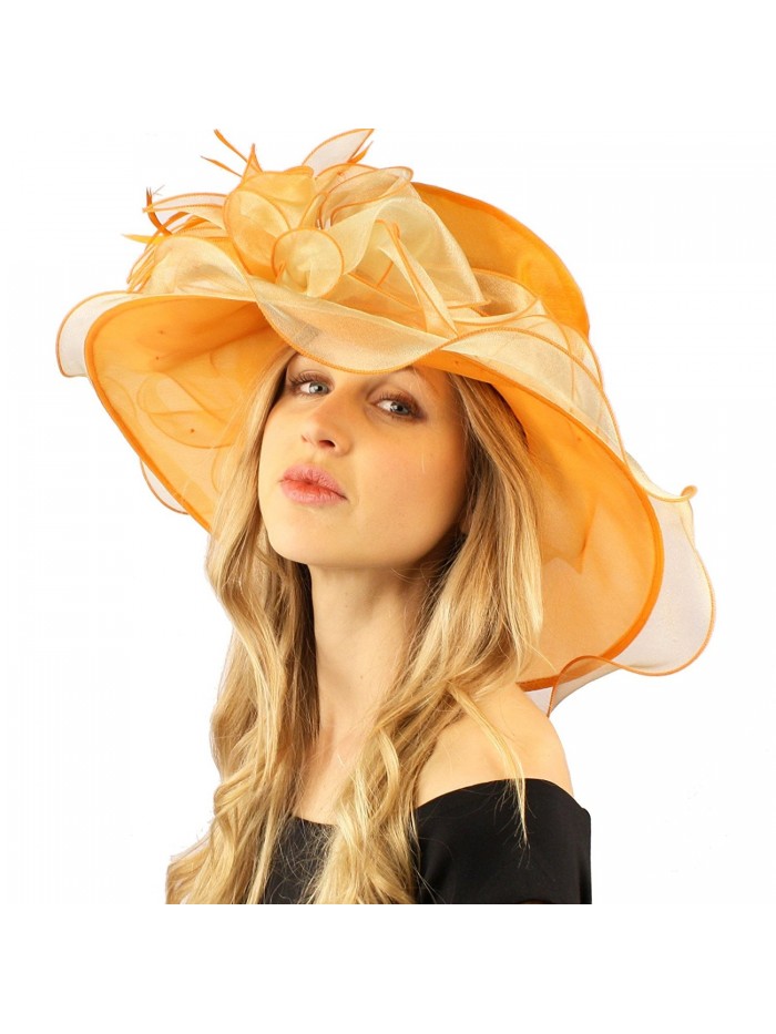 Stylish 2 Tone Ruffle Feathers Derby Bucket Floppy Organza Dressy Hat - Orange - CW12DSJJWDR