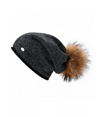 Womens Beanie Hats for Winter Wool Warm Cap Real Fur Pom Pom Knit Beanie Caps - Black+natural Raccoon Pom Pom - CL186AIMRWA