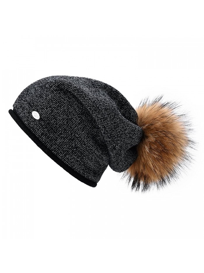 Womens Beanie Hats for Winter Wool Warm Cap Real Fur Pom Pom Knit Beanie Caps - Black+natural Raccoon Pom Pom - CL186AIMRWA