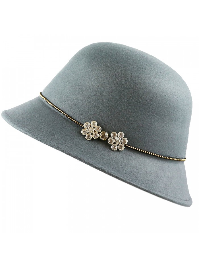 THE HAT DEPOT Felt Cloche Winter Hat With Studded Band Rhinestone Flower - Grey - CG12NERXG75