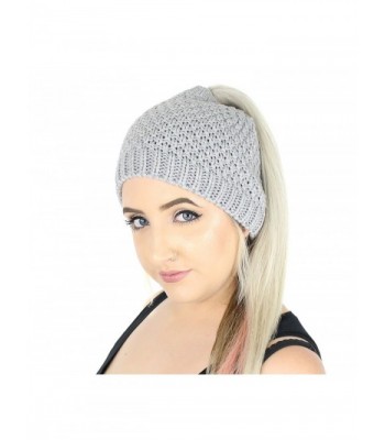 Winter Waffle Knit Ponytail Beanie Hat- Stretchy Messy Bun Knitted Skull Cap - Grey - CV186GOWG5N