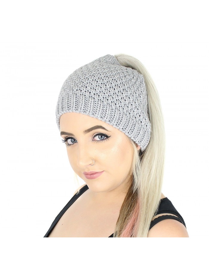 Winter Waffle Knit Ponytail Beanie Hat- Stretchy Messy Bun Knitted Skull Cap - Grey - CV186GOWG5N