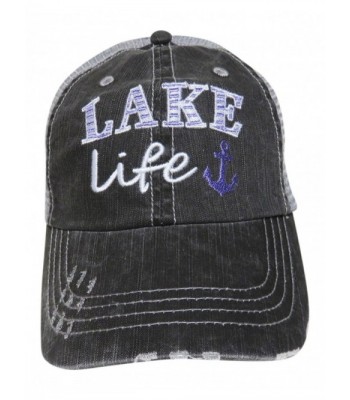 Embroidered "Lake Life" Distressed Look Grey Trucker Cap Hat - Purple Anchor - C812MCP0JPX