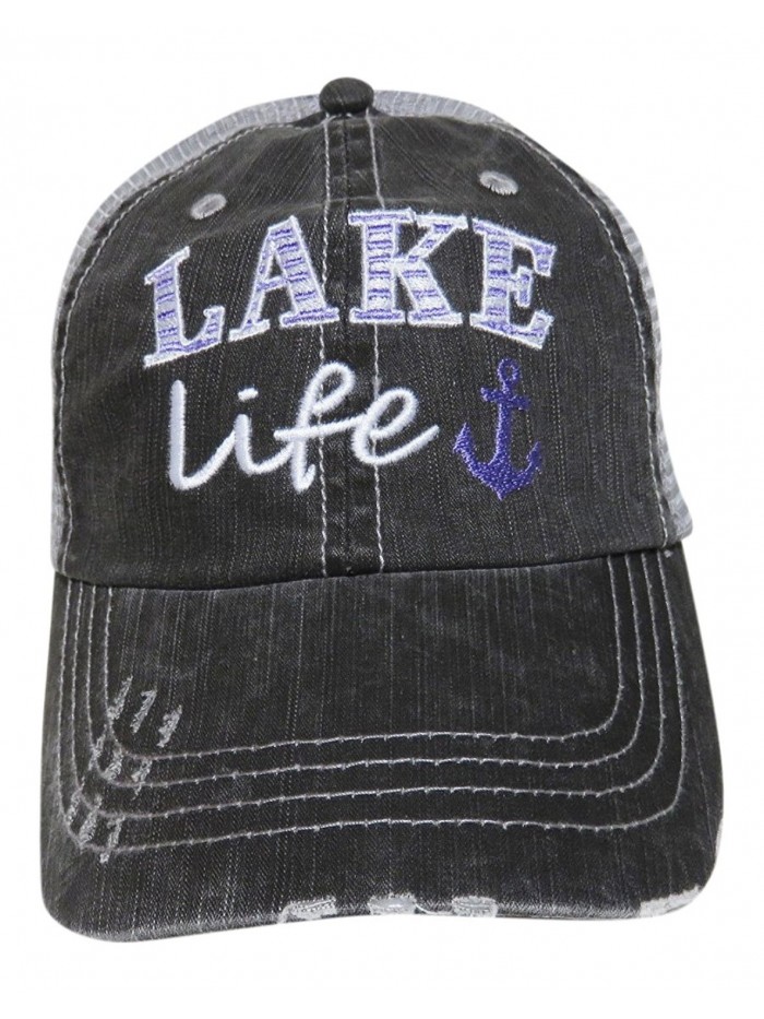 Embroidered "Lake Life" Distressed Look Grey Trucker Cap Hat - Purple Anchor - C812MCP0JPX