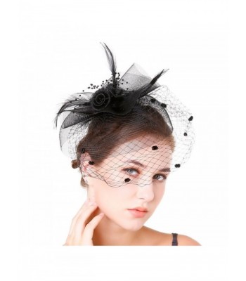 Fascinaor Hair Clip Feather Veil Wedding Party Hat - Balck - CT1867SUXKY
