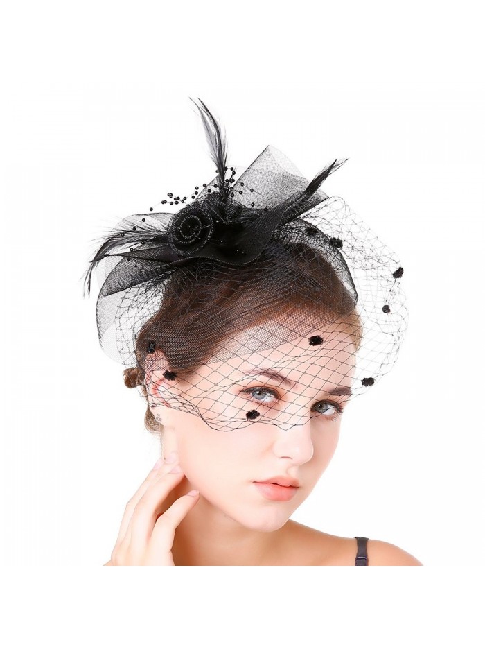 Fascinaor Hair Clip Feather Veil Wedding Party Hat - Balck - CT1867SUXKY