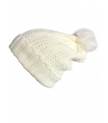 NY GOLDEN FASHION Women Faux Fur Pom Pom Fleece Lined Cable Knitted Slouchy Beanie Hat - Ivory-white - CL1884YNRQQ