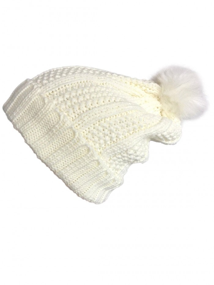 NY GOLDEN FASHION Women Faux Fur Pom Pom Fleece Lined Cable Knitted Slouchy Beanie Hat - Ivory-white - CL1884YNRQQ