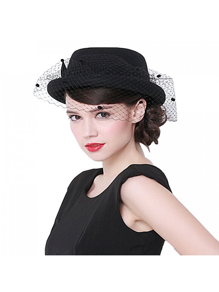 Maitose Women's Vintage Fedoras Wool Felt Veil Hat - Black - C312MCI8Q4L