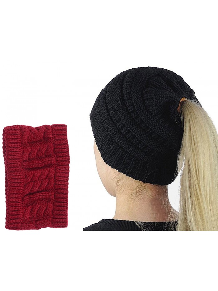 GOLDSTITCH Beanie Stretch Cable Ponytail - Black Ponytail - C31893UZU26