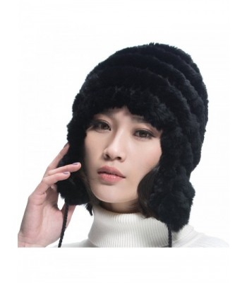 URSFUR Women Rex Rabbit Fur Knit Peruvian Beanie Hat Unisex Warm Earfalp Ski Cap - Black - CK11FG5AP19