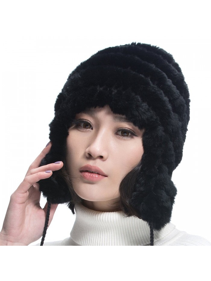 URSFUR Women Rex Rabbit Fur Knit Peruvian Beanie Hat Unisex Warm Earfalp Ski Cap - Black - CK11FG5AP19