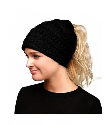 Fashion Love Super Soft Solid Color Cable Knit Warm Winter Stretch Beanie Cap Ponytail Bun Hat (Black) - C918902S2E2