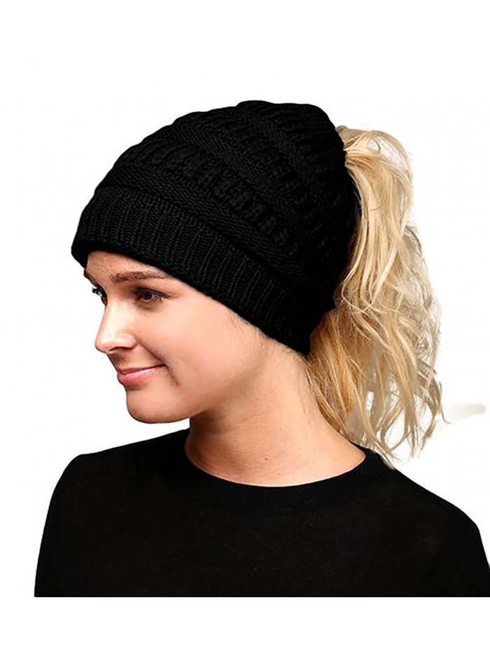 Fashion Love Super Soft Solid Color Cable Knit Warm Winter Stretch Beanie Cap Ponytail Bun Hat (Black) - C918902S2E2