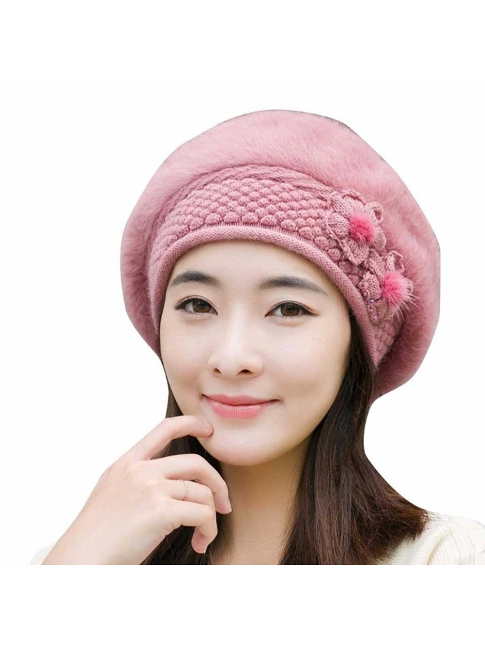 Hunputa WomensWinter French Beret Wool Beret Chic Beanie Winter Hat Slouchy Cable Knit Hat Snow Ski Caps - Pink - C01895K586O
