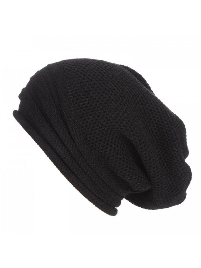 Hunputa Womens Hat Winter- Unisex Warm Chunky Stretch Cable Knit Slouchy Baggy Beanie Hat Skull Cap - Black - CC188A6SXT6