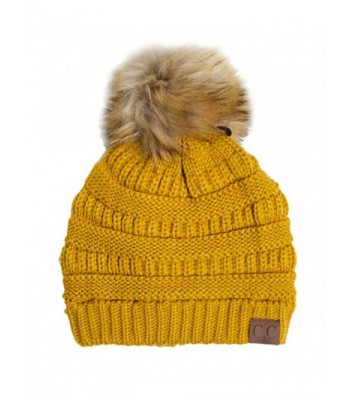 Plum Feathers Soft Stretch Cable Knit Ribbed Faux Fur Pom Pom Beanie Hat - Mustard - CL12JSM8RTD