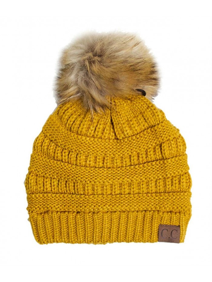 Plum Feathers Soft Stretch Cable Knit Ribbed Faux Fur Pom Pom Beanie Hat - Mustard - CL12JSM8RTD