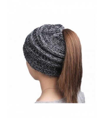 Wakeu Women BeanieTail Soft Stretch Knit Messy High Bun Ponytail Beanie Hat Winter - Black - CV1888CH2DX
