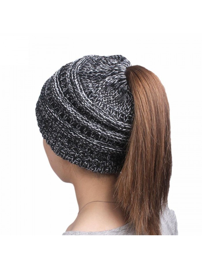 Wakeu Women BeanieTail Soft Stretch Knit Messy High Bun Ponytail Beanie Hat Winter - Black - CV1888CH2DX