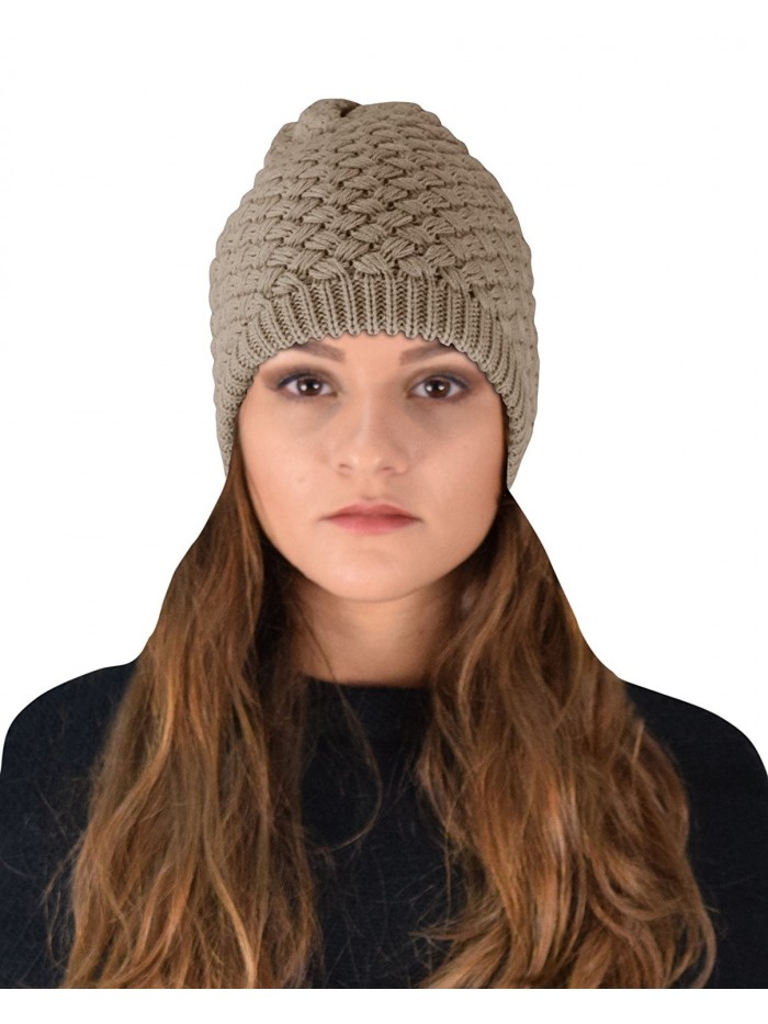 Peach Couture Thick Crochet Knit Quilted Double Layer Beanie Slouchy Hat - Taupe - CK12NR0OZ2P