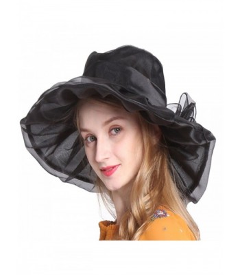 Ofocam Summer Women's Sun Hats Organza Hat Wide Brim Church Tea Party Wedding Hat - Black - CZ17YZCXAWI