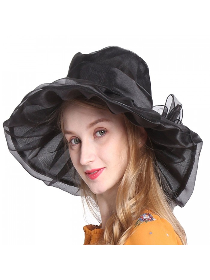 Ofocam Summer Women's Sun Hats Organza Hat Wide Brim Church Tea Party Wedding Hat - Black - CZ17YZCXAWI