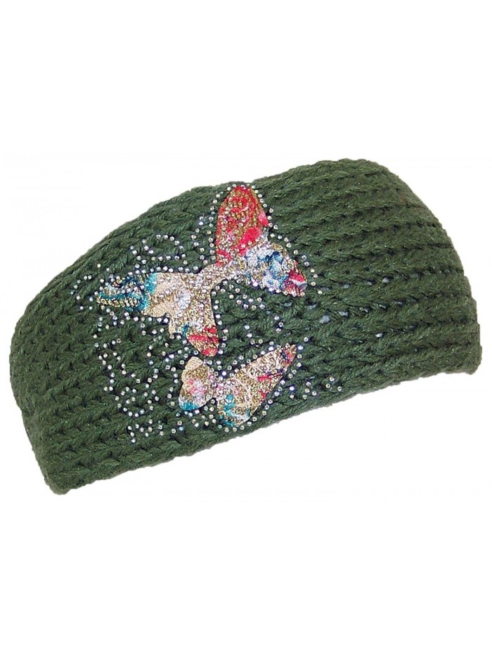 Best Winter Hats Womens Knit Headband W/Butterfly Applique & Rhinestones (One Size) - Green - CJ125W14IJ7