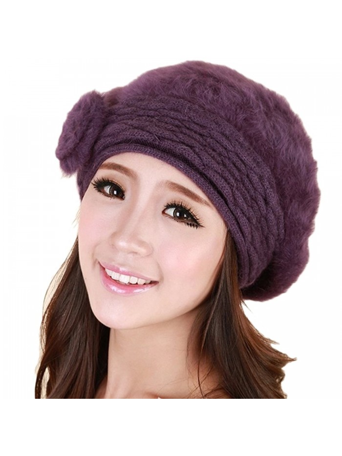 Women Winter Warm Soft Beanie Protective Ear Angora Knit Beret Hat Cap Purple - CQ129B449CR