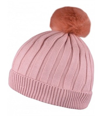 WDSKY Chunky Beanie With Pom Fleece Lined Winter Skull Hat Knit Beanies Solid Color - Light Pink - CF188NLQM70