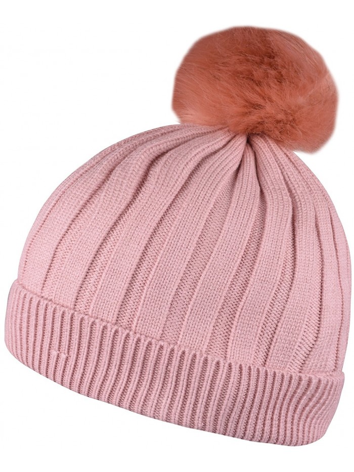 WDSKY Chunky Beanie With Pom Fleece Lined Winter Skull Hat Knit Beanies Solid Color - Light Pink - CF188NLQM70