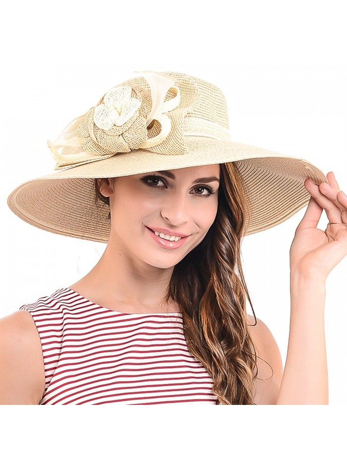 Fanny Straw Kentucky Derby Church Dress Wedding Floral Beach Sunhat - Premium Quality-khaki - CN12BX3NFNX