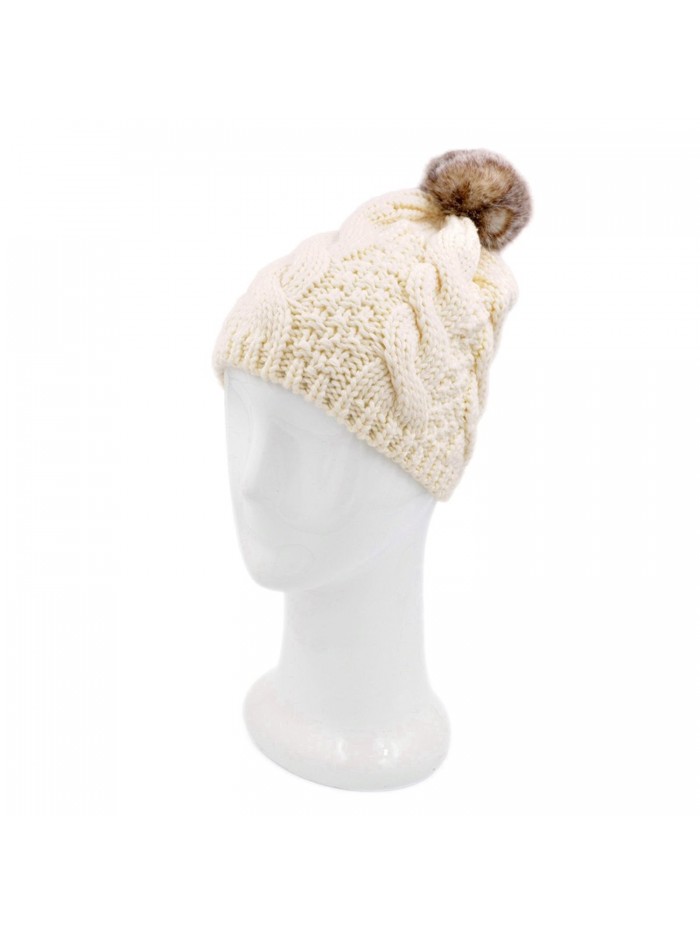 Premium Twist Cable Knit Solid Color Winter Beanie Hat w/ Pom Pom- Diff Colors - Light Beige - CQ11PU0X239