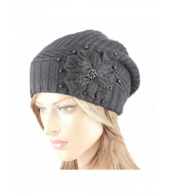 LA-EL COUTURE Womens Wool&Angora With Pearls and Rhinestones Flower Warm Beanie - Black - CK12BXKPK75