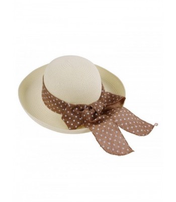 Women Straw Hats with Dot Bowknot Ribbon Round Cap Rollup Upturn Brim Hat 5 Colors - Cream - CL122LKC9XT