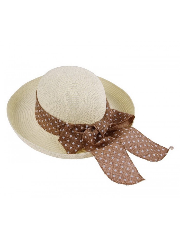 Women Straw Hats with Dot Bowknot Ribbon Round Cap Rollup Upturn Brim Hat 5 Colors - Cream - CL122LKC9XT