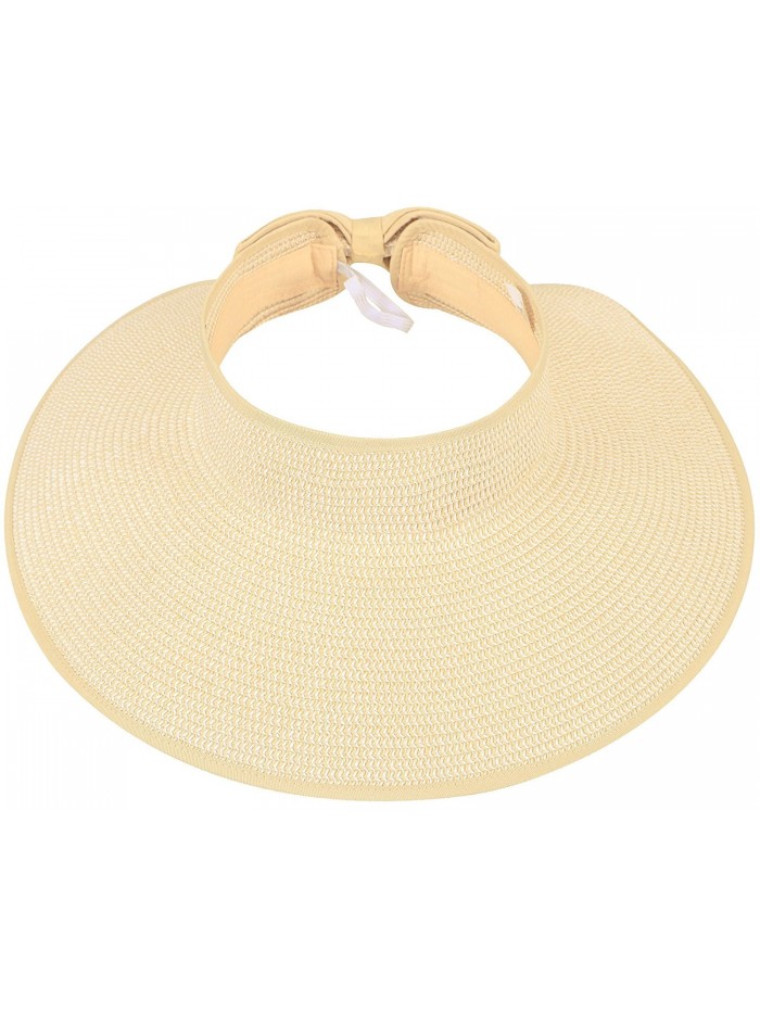 Beach Roll-Up Beach Straw Sun Visor Hat with Bow - 283_Beige White Mix ...