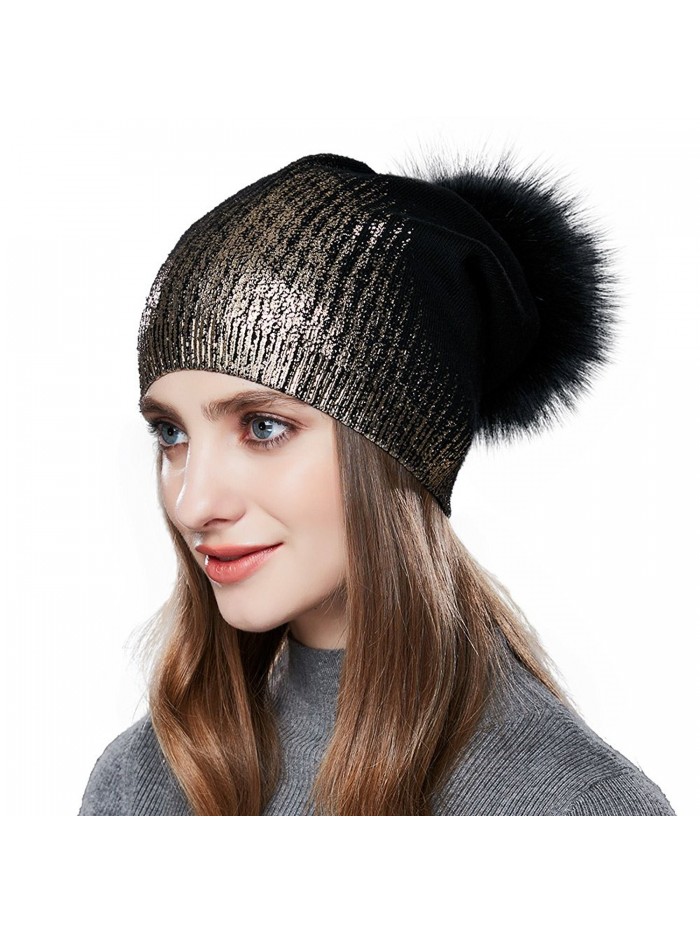 Womens Pom Pom Beanie for Winter Hats Real Fox Fur Slouchy Hat Sparkle Shiny - Black - CG186GMQOI2