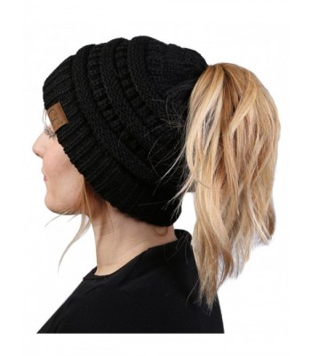 Funky Junque FunkyJunque's CC Ponytail Messy Bun BeanieTail Womens Beanie Solid Ribbed Hat Cap - Black - C712O6WO066