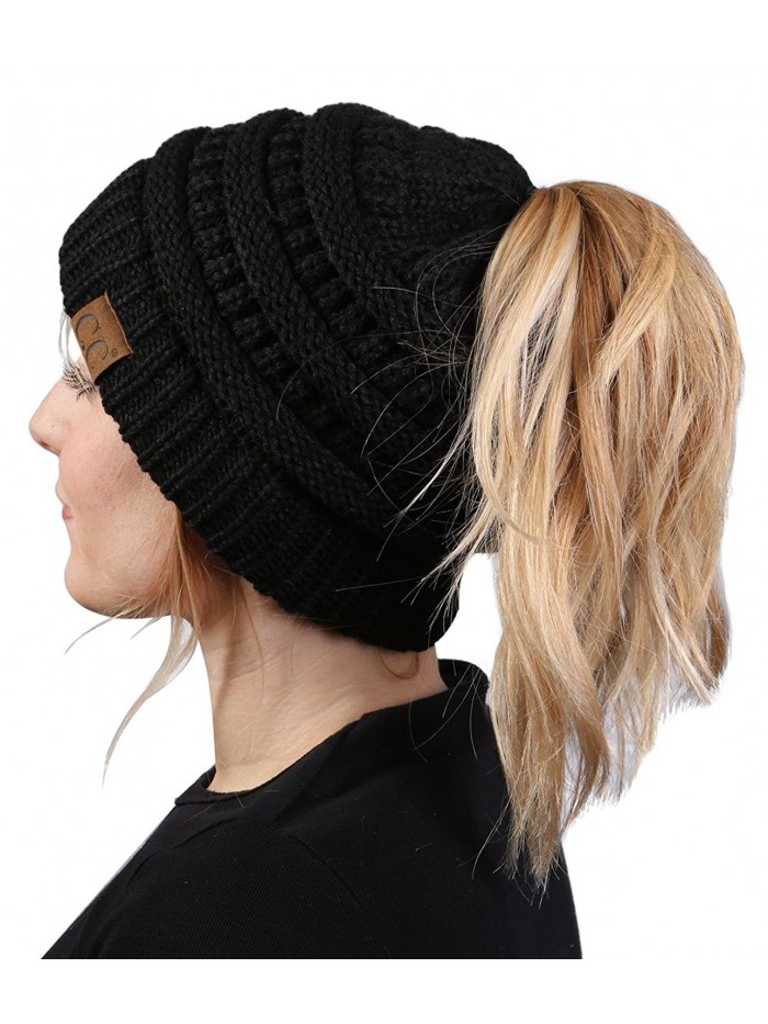 Funky Junque FunkyJunque's CC Ponytail Messy Bun BeanieTail Womens Beanie Solid Ribbed Hat Cap - Black - C712O6WO066