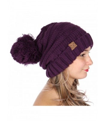 SERENITA C.C Simple Oversized Slouchy Knit Winter Beanie Hat With Pom Pom - Dark Purple - CG187WQ2SU4