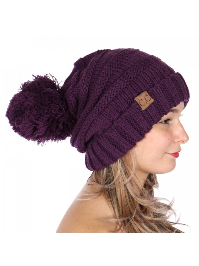 SERENITA C.C Simple Oversized Slouchy Knit Winter Beanie Hat With Pom Pom - Dark Purple - CG187WQ2SU4