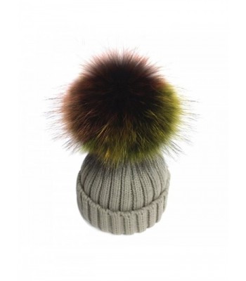 XWDA Women's Detachable Large Multicoloured Real Fur Pompom Beanie Hat - Beige - C912O3UDJ87