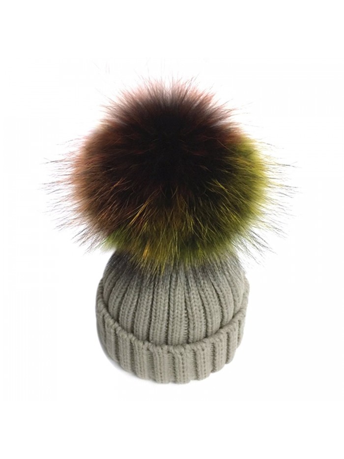 XWDA Women's Detachable Large Multicoloured Real Fur Pompom Beanie Hat - Beige - C912O3UDJ87