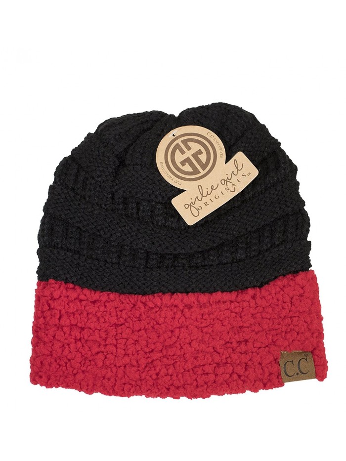 Girlie Girl Exclusive C.C Knit Beanie Sherpa Trim - Black/Red - CZ188KGM4A8