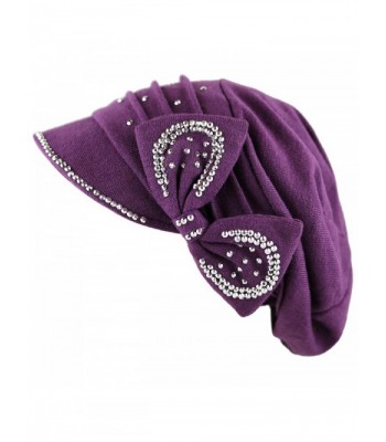 The Hat Depot Womens Knit Visor Beanie Cap with Ribbon and Rhinestone Hat - Purple - CC126ILKZ3N