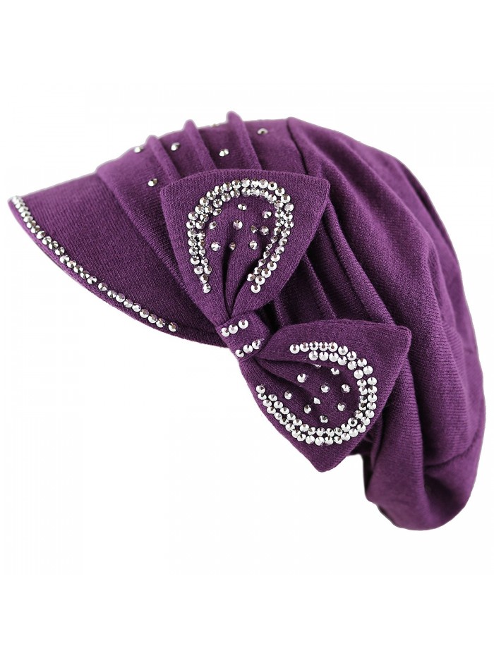 The Hat Depot Womens Knit Visor Beanie Cap with Ribbon and Rhinestone Hat - Purple - CC126ILKZ3N