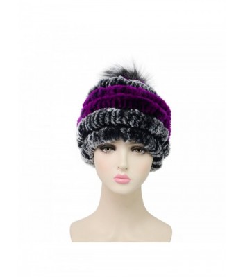 MEEFUR Womens Bobble Hat Beanies With Silver Fox Fur Ball Winter Rex Rabbit Fur Hats - Purple Grey - CI1882OW88A