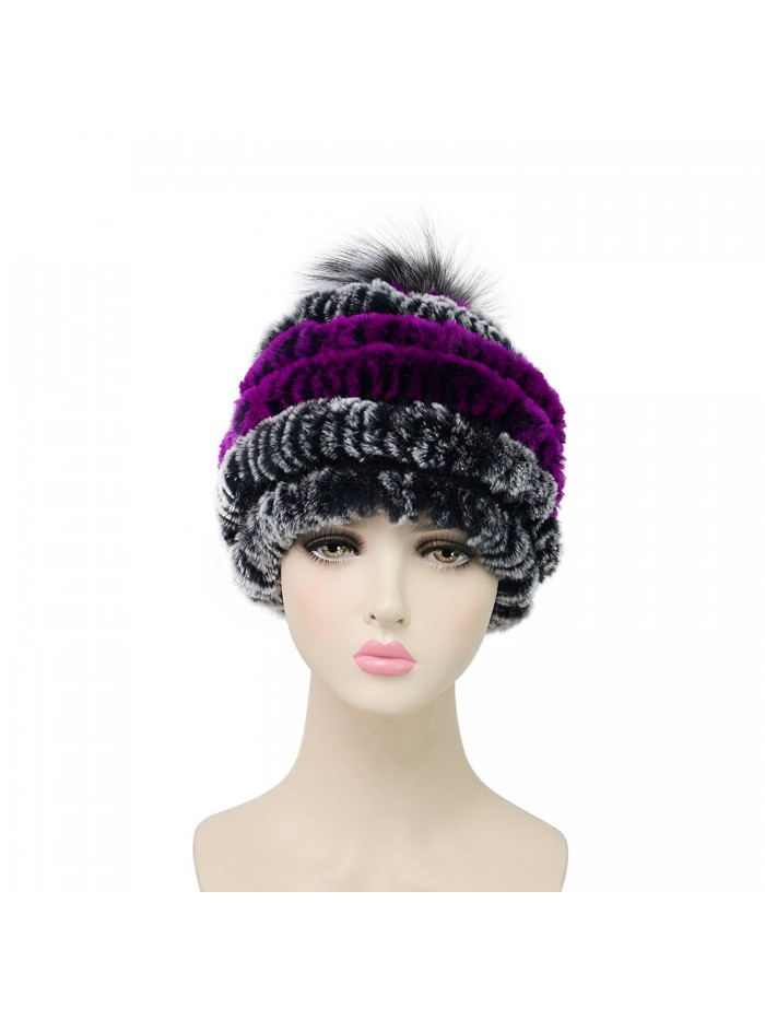 MEEFUR Womens Bobble Hat Beanies With Silver Fox Fur Ball Winter Rex Rabbit Fur Hats - Purple Grey - CI1882OW88A